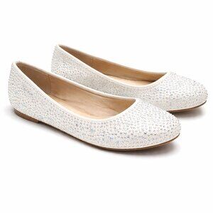Elegant White Ballet Flats | Iridescent Rhinestone Embellished Shoes | Dressy Co